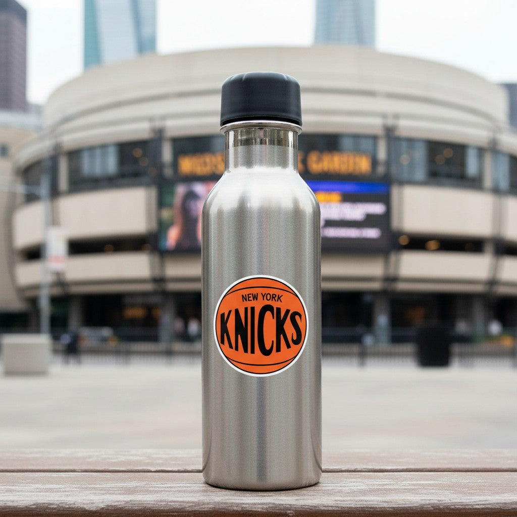 Mellow Monkey New York Knicks retro logo vinyl decal applied to a stainless steel water bottle.