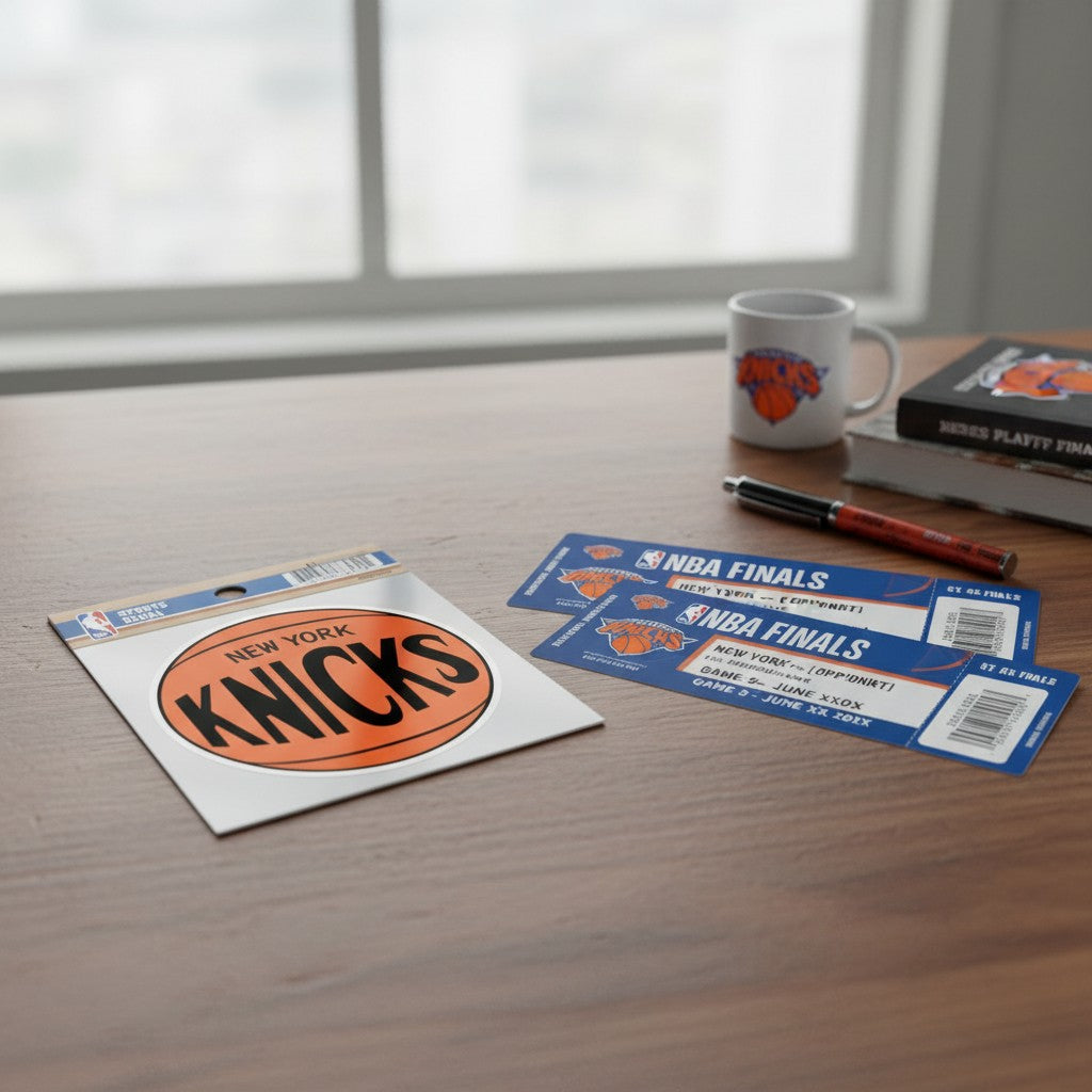 Mellow Monkey New York Knicks basketball logo vinyl decal on a wooden desk with NBA Finals tickets and a team mug.