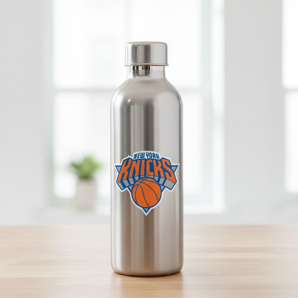 Mellow Monkey New York Knicks vinyl decal applied to a silver stainless steel water bottle