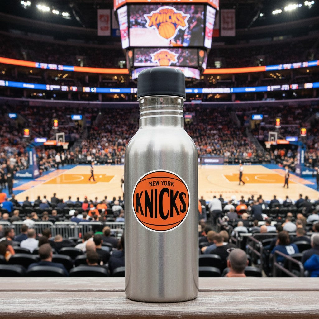 Mellow Monkey New York Knicks retro logo vinyl decal sticker applied to a stainless steel water bottle