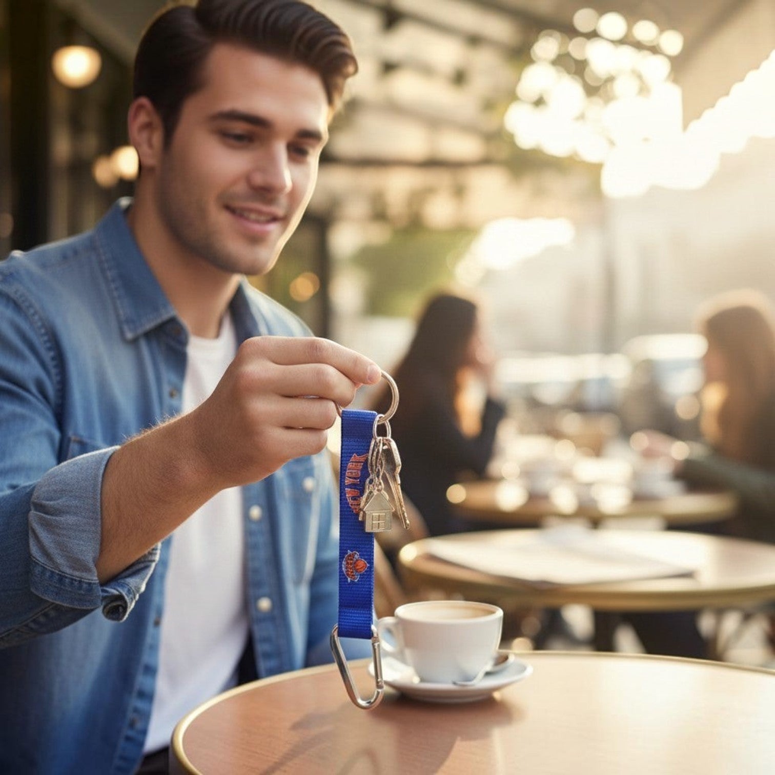 Mellow Monkey NBA New York Knicks blue fabric lanyard keychain with carabiner held by a man at an outdoor cafe