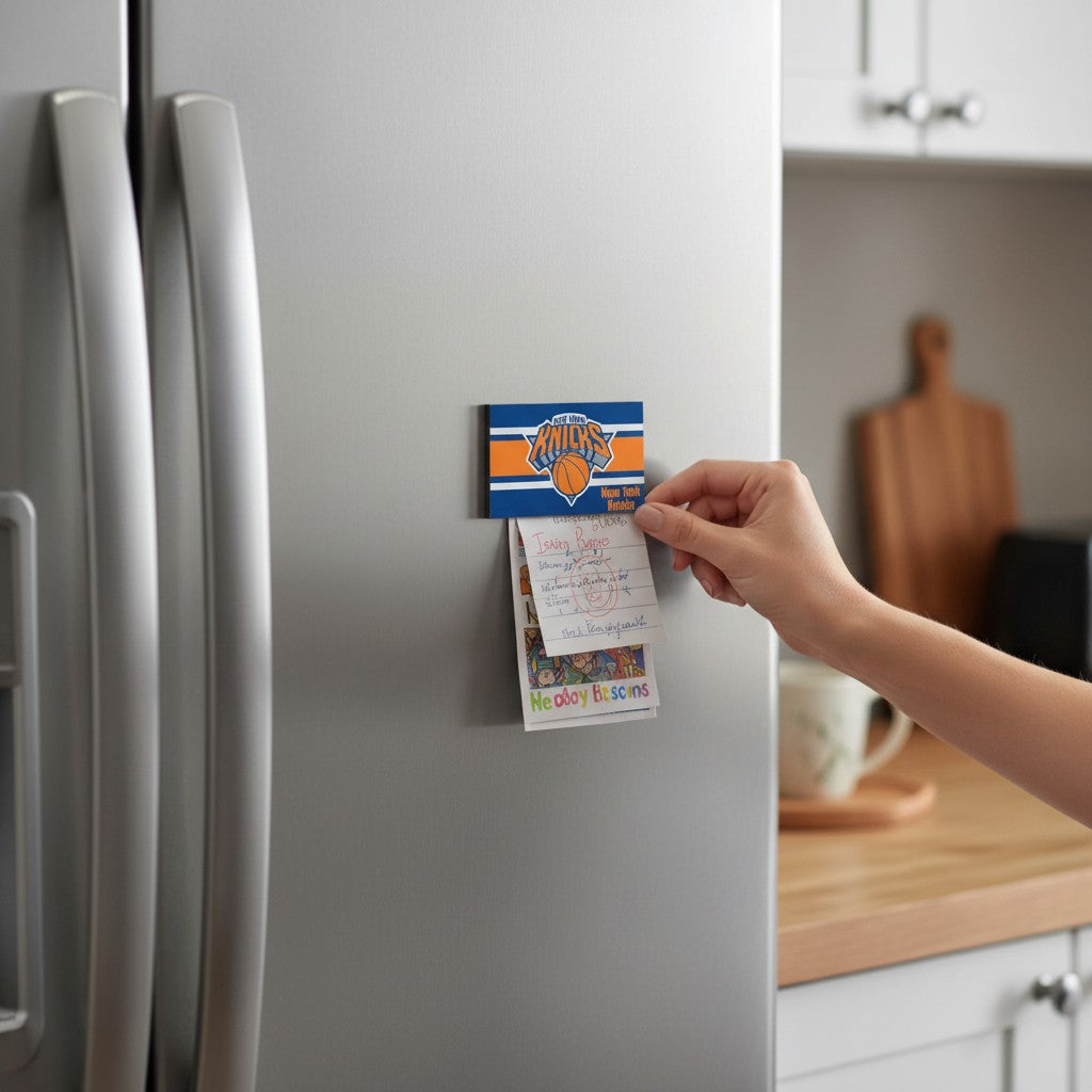 Mellow Monkey NBA New York Knicks striped magnet holding a note on a stainless steel refrigerator door.