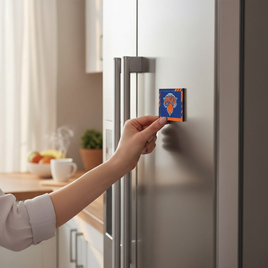 Mellow Monkey NBA New York Knicks logo magnet being placed on a stainless steel refrigerator door