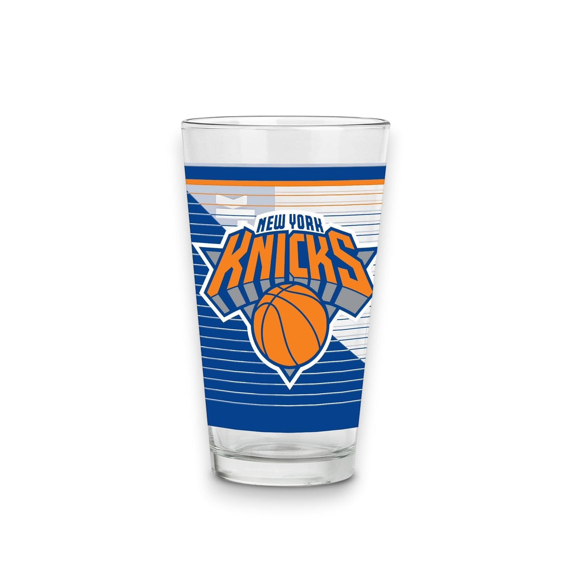 Mellow Monkey 16 oz clear glass pint featuring the official blue and orange New York Knicks basketball team logo.