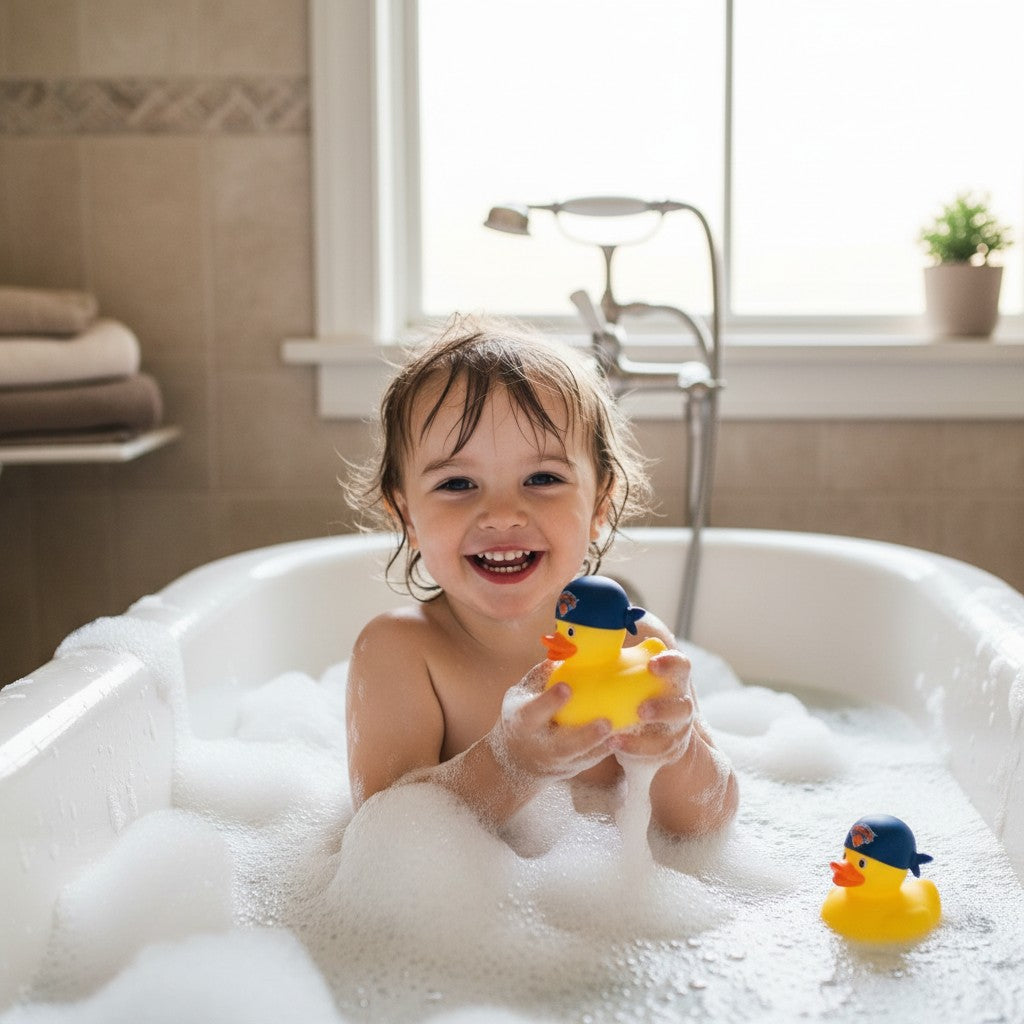 A happy toddler playing in a bubble bath with Mellow Monkey NBA New York Knicks rubber ducks wearing team caps.