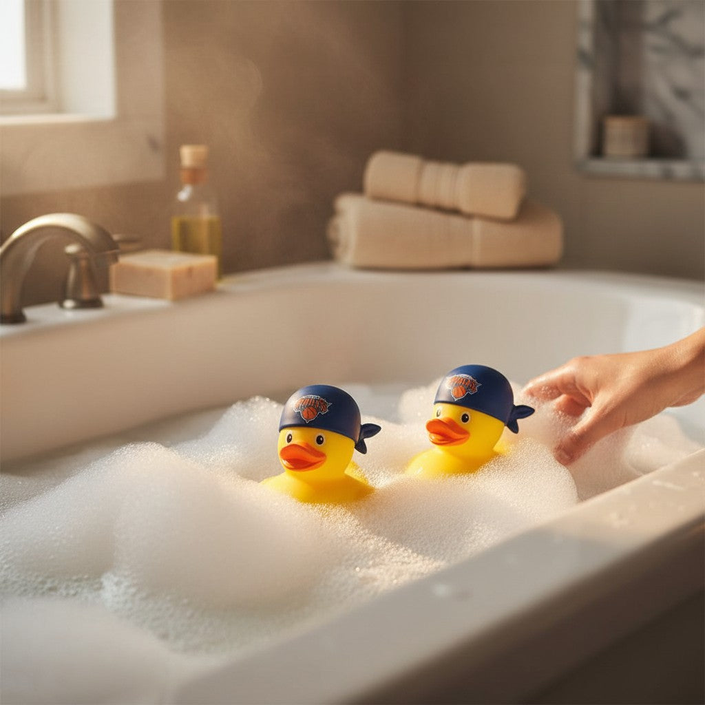 Mellow Monkey NBA New York Knicks rubber ducks wearing blue bandana caps floating in a bubble-filled bathtub