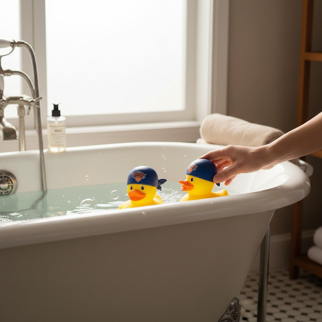 Mellow Monkey NBA New York Knicks rubber duck set with team logo caps floating in a white bathtub