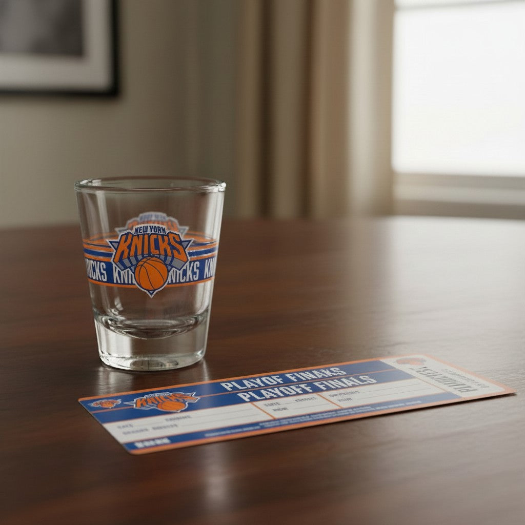 Mellow Monkey New York Knicks 1.7oz clear glass shot glass with team logo next to a Playoff Finals ticket on a table.