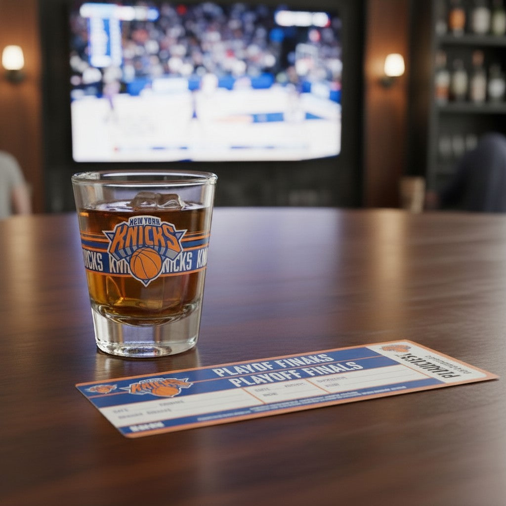 Mellow Monkey New York Knicks 1.7oz clear glass shot glass with team logo on a wooden table with a playoff ticket