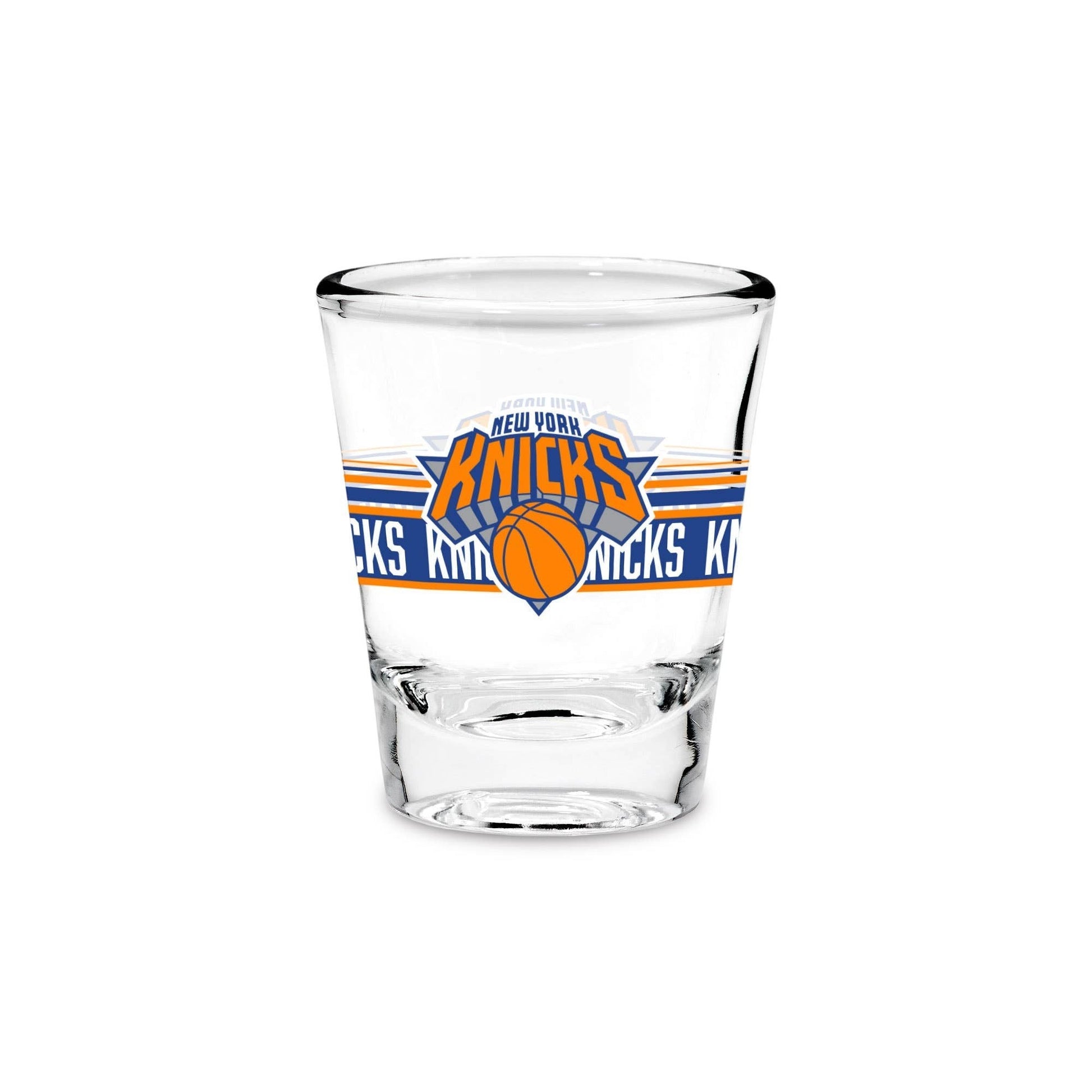 Mellow Monkey New York Knicks 1.7oz clear glass shot glass with team logo and weighted base for home barware.