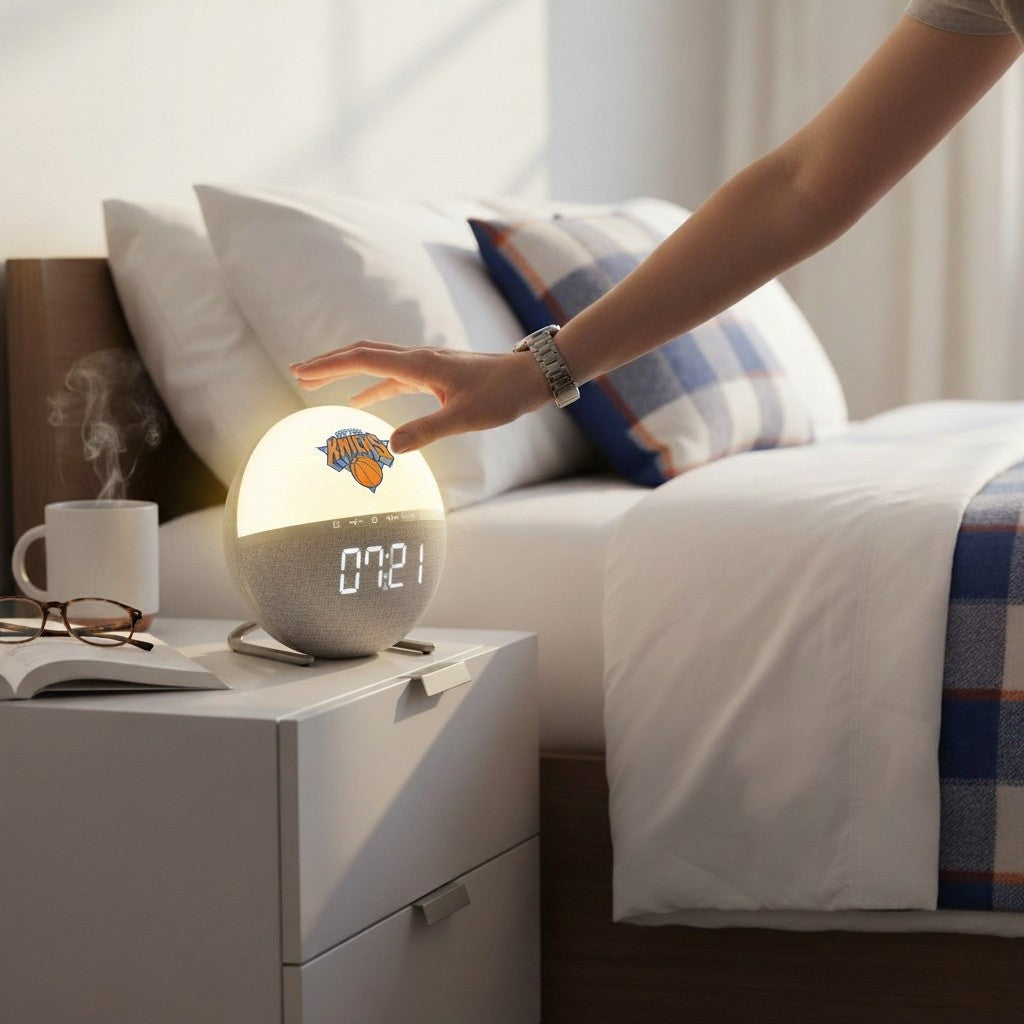 Mellow Monkey New York Knicks sunrise alarm clock on a bedside table with a hand reaching to touch the glowing light.