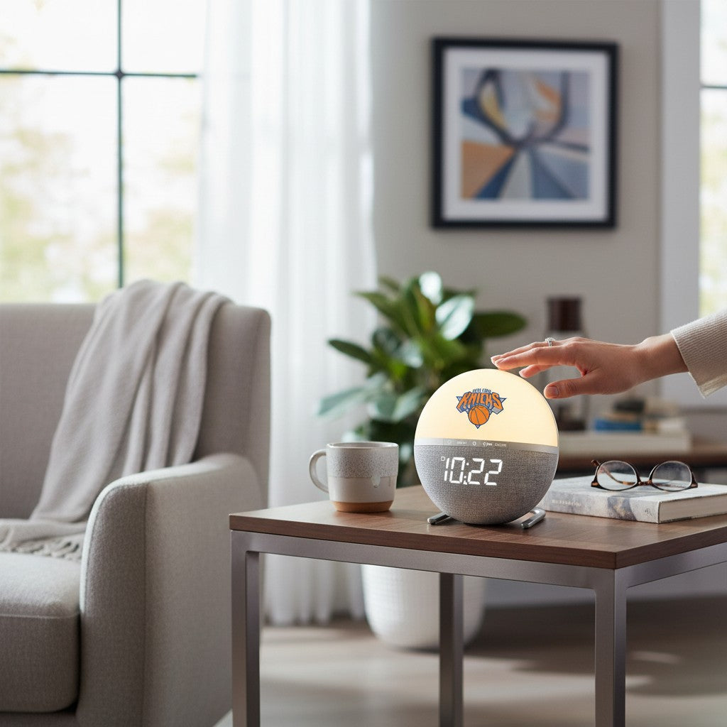 Mellow Monkey New York Knicks sunrise alarm clock with digital display on a wooden side table in a bright living room.
