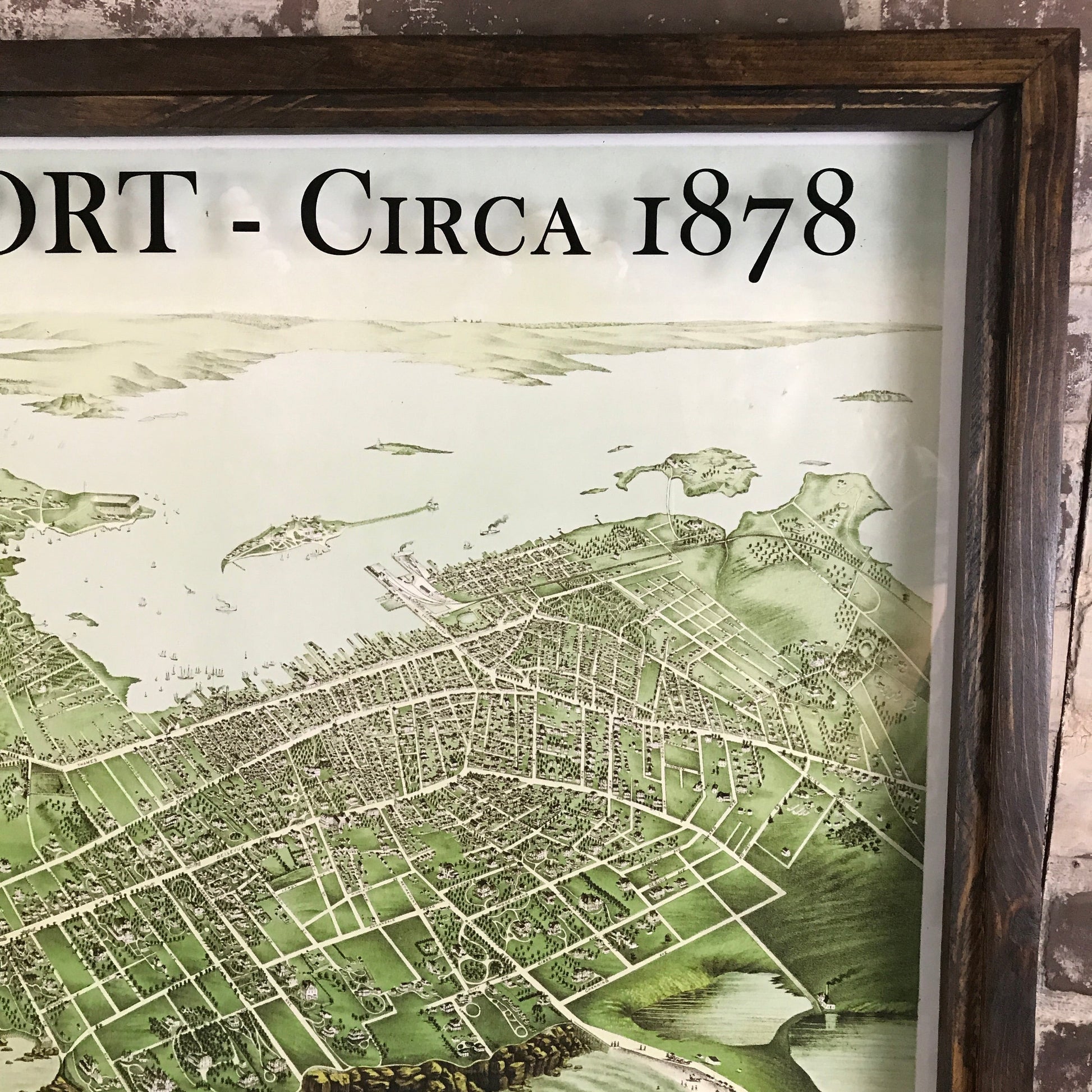 Mellow Monkey framed reproduction of a vintage 1878 map of Newport, Rhode Island, in an ash gray shadowbox frame.