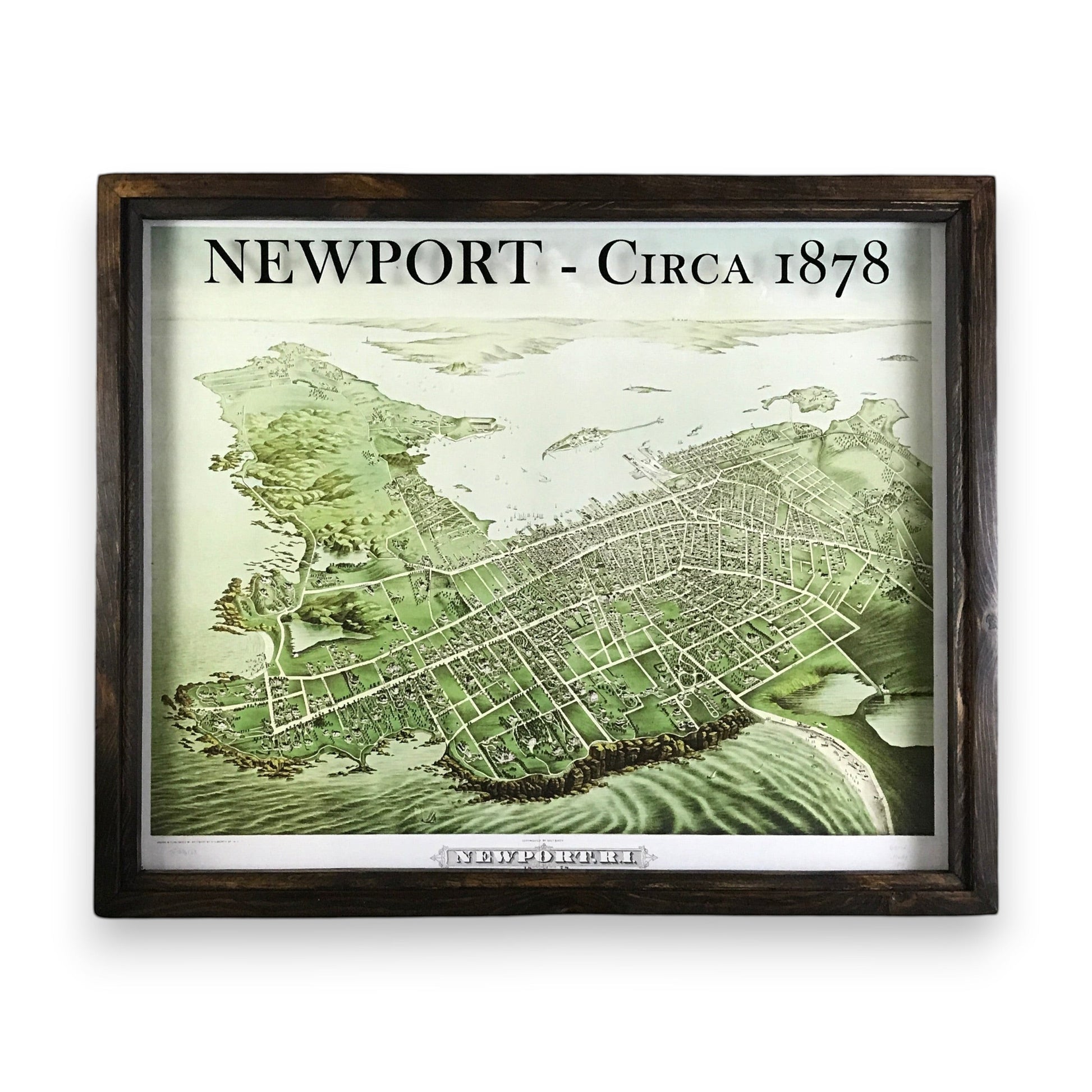 Mellow Monkey framed reproduction of a vintage 1878 illustrated map of Newport, Rhode Island in an ash gray shadowbox frame.