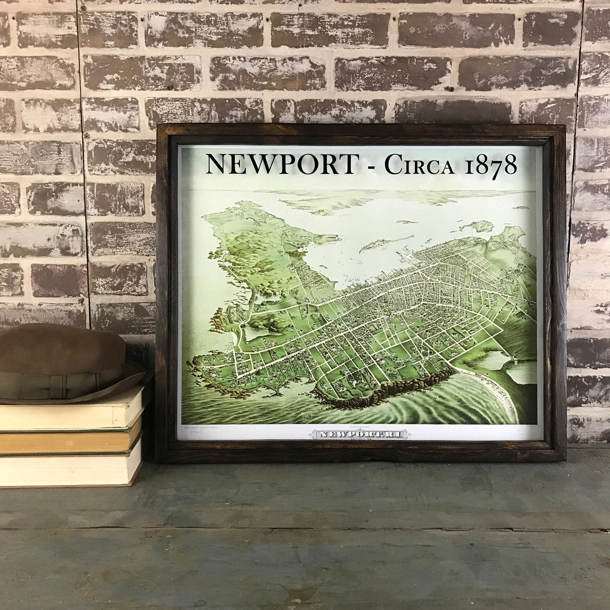 Mellow Monkey framed reproduction of a vintage 1878 map of Newport, Rhode Island, in an ash gray shadowbox frame.