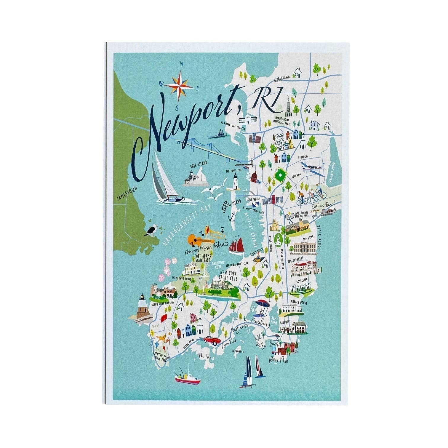 Mellow Monkey Newport, RI map postcard with illustrations of landmarks, sailboats, and compass rose. 4x6 inches.
