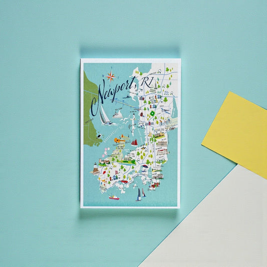 Mellow Monkey Newport, RI 4x6 inch illustrated map postcard with glossy UV coating on sturdy cardstock.