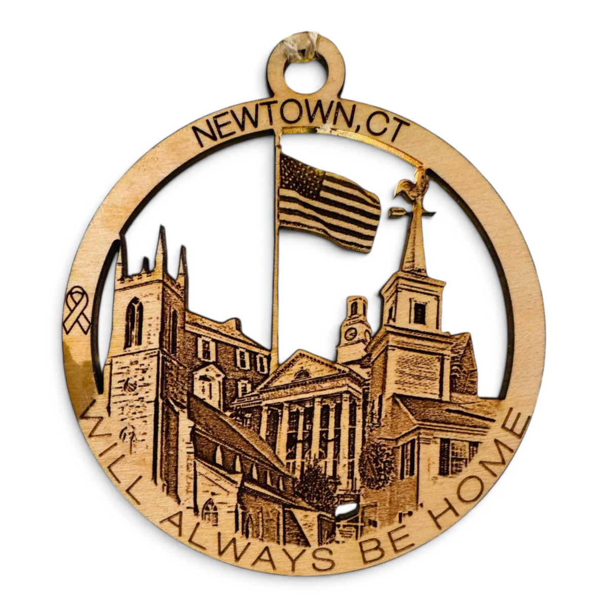 Mellow Monkey wooden ornament featuring Newtown CT landmarks including the flagpole and town hall with twine hanger