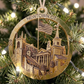 Mellow Monkey wooden Newtown CT ornament featuring local landmarks like the flagpole and town hall on a Christmas tree