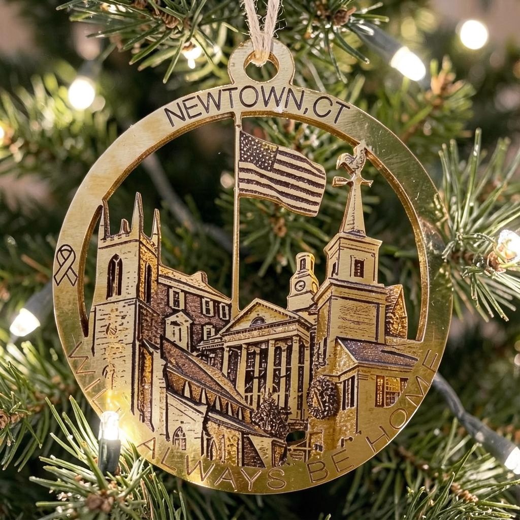 Mellow Monkey wooden Newtown CT ornament featuring local landmarks like the flagpole and town hall on a Christmas tree
