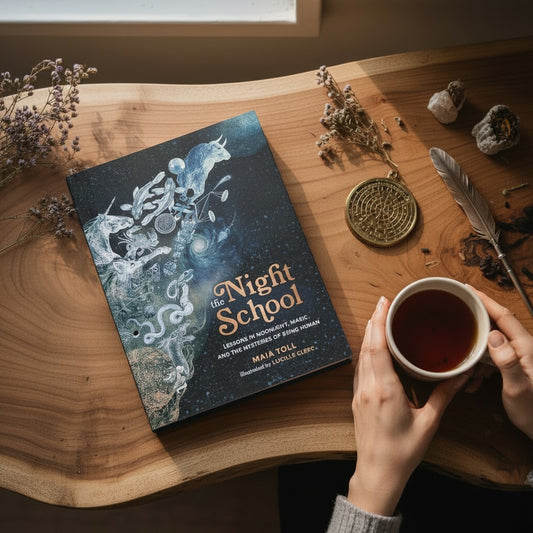 Mellow Monkey The Night School hardcover book with celestial cover art on a wooden table with tea and a quill