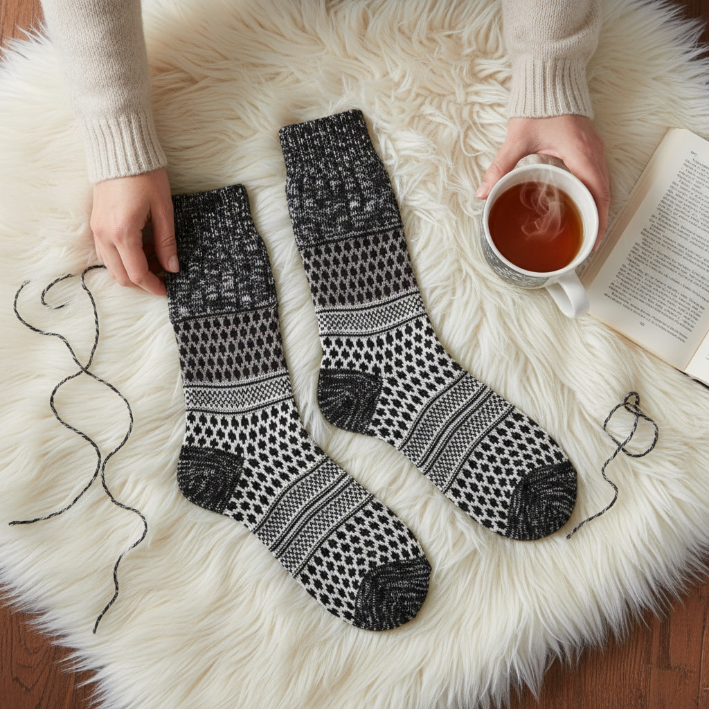 Mellow Monkey Nightfall Multi crew socks with black and white geometric textured patterns on a soft faux fur rug