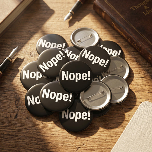 Mellow Monkey 1.25-inch round black pin-back buttons with white Nope! text, featuring a glossy mylar finish.