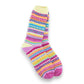 Mellow Monkey Nordic crew socks featuring a vibrant multi-colored fair isle pattern with pink, blue, and yellow hues.