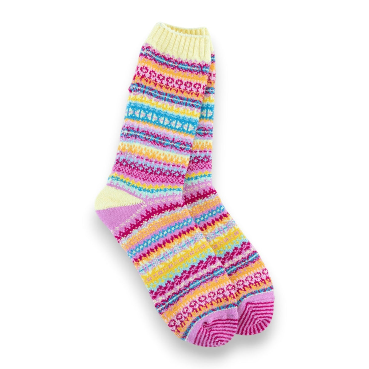Mellow Monkey Nordic crew socks featuring a vibrant multi-colored fair isle pattern with pink, blue, and yellow hues.