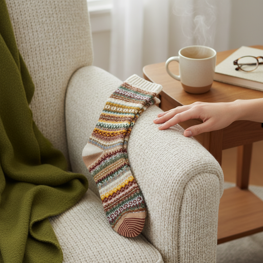 Mellow Monkey Nordic crew socks with a colorful fair isle pattern resting on a cozy cream armchair