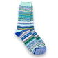 Mellow Monkey Nordic crew socks in mint green, blue, and pink with a traditional Scandinavian fair isle pattern.