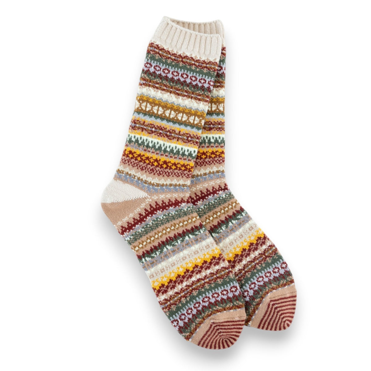 Mellow Monkey Nordic crew socks featuring a multi-colored Fair Isle knit pattern in warm earth tones.