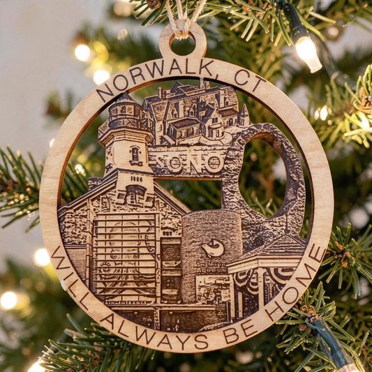 Mellow Monkey 4-inch round wooden Norwalk, CT ornament featuring laser-engraved landmarks and burlap hanging string.