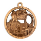 Mellow Monkey 4-inch round wooden ornament featuring laser-cut Norwalk, CT landmarks and hometown text.