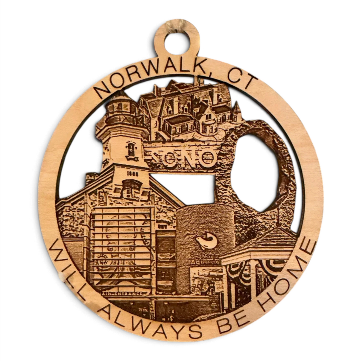 Mellow Monkey 4-inch round wooden ornament featuring laser-cut Norwalk, CT landmarks and hometown text.