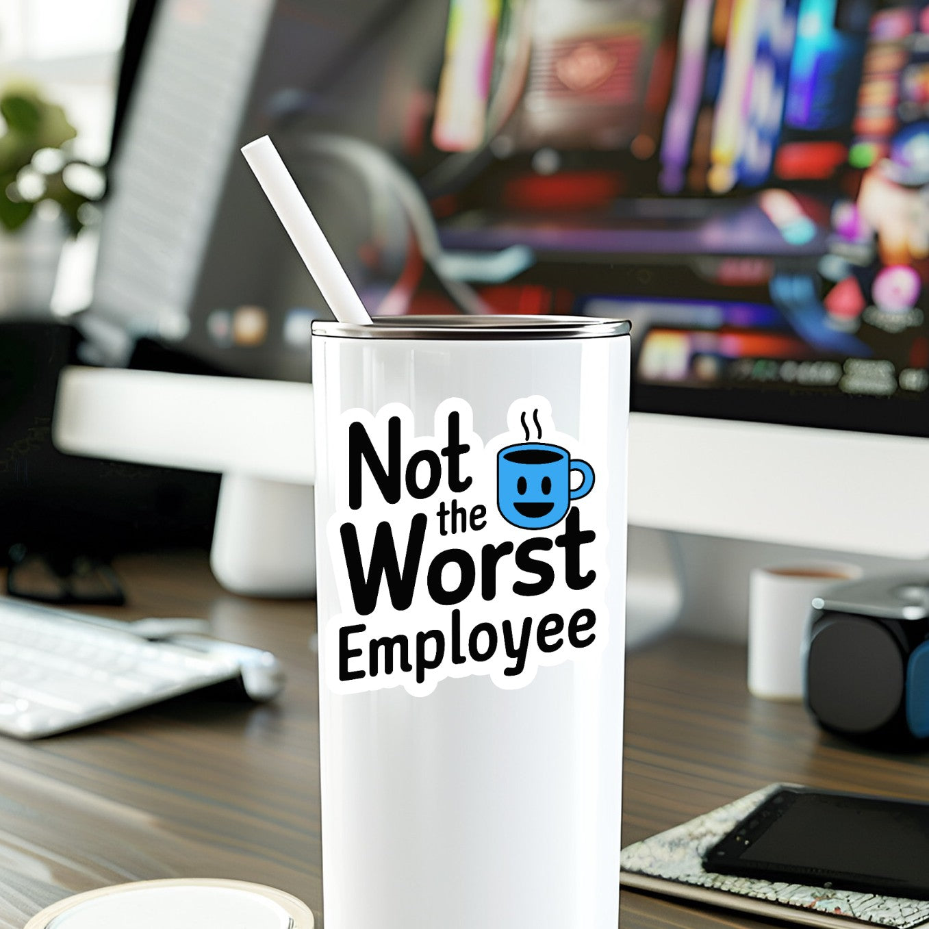Mellow Monkey Not The Worst Employee vinyl sticker applied to a white tumbler on a desk with a computer monitor