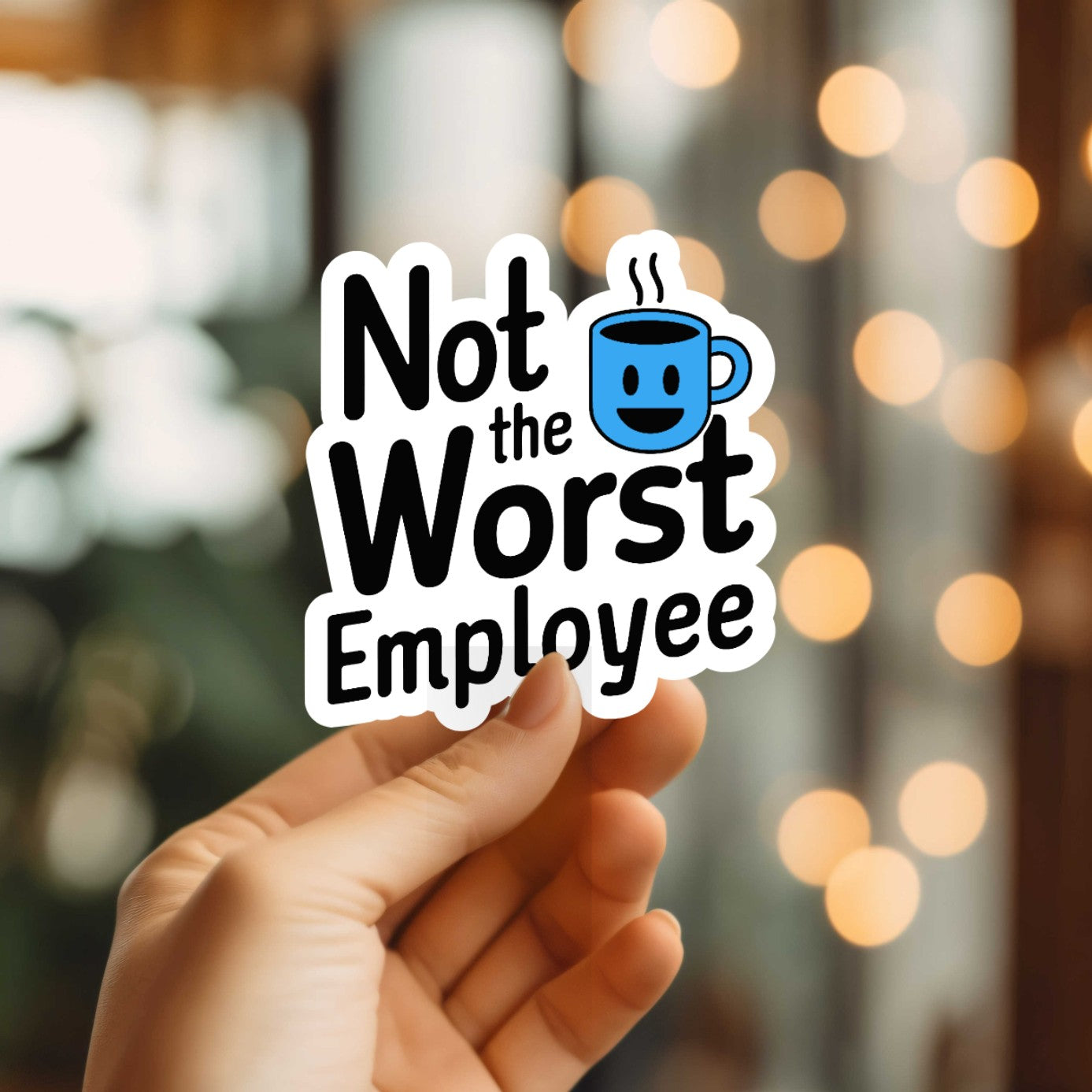 Mellow Monkey Not the Worst Employee vinyl sticker featuring a blue coffee mug icon held against a blurred background