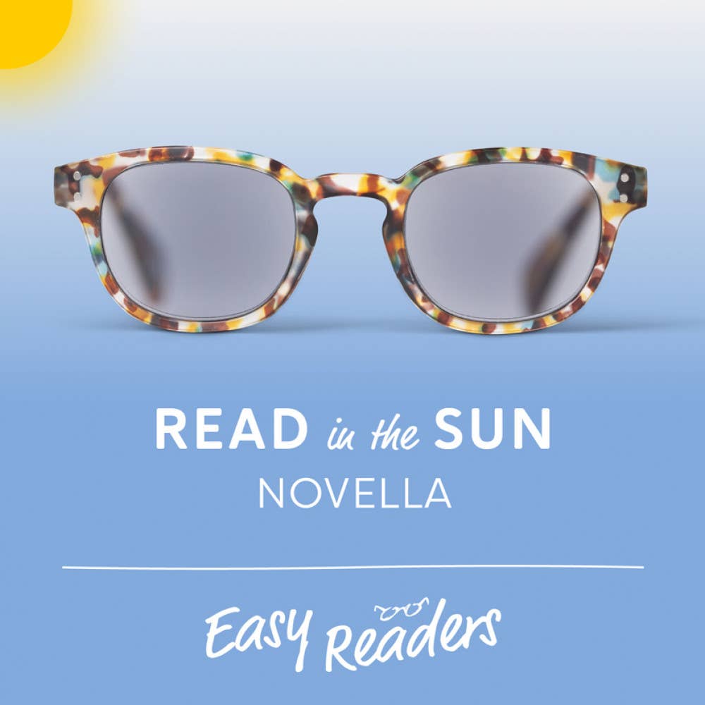 Mellow Monkey Novella reading glasses with tortoiseshell frames and tinted lenses for comfortable outdoor reading.
