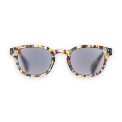 Mellow Monkey Novella Easy Readers with a multi-colored tortoiseshell frame and UV-protective lenses for reading.