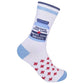 Mellow Monkey crew socks in white with a medicine bottle graphic, red crosses, and blue accents for nurses.