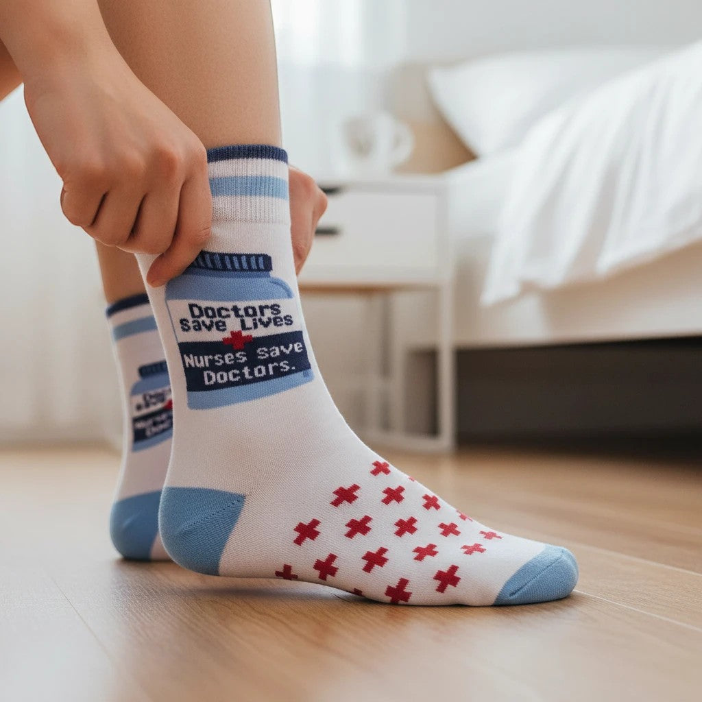 Mellow Monkey crew socks with a medicine bottle graphic and Nurses Save Doctors slogan on a white background