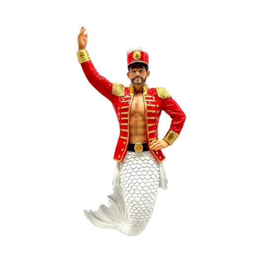 Mellow Monkey December Diamonds Nut Cracker merman ornament with red jacket, gold trim, and white fish tail