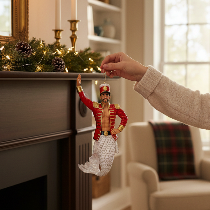 Mellow Monkey December Diamonds Nut Cracker merman ornament hanging on a fireplace mantel during the holidays