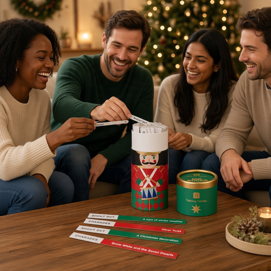 Group of friends playing Mellow Monkey Nutcracker Dipsticks game with festive cylindrical box and paper prompt strips.