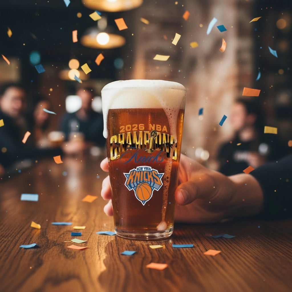 Mellow Monkey 16-oz NY Knicks 2026 NBA Champions pint glass filled with beer, held in a hand with confetti.