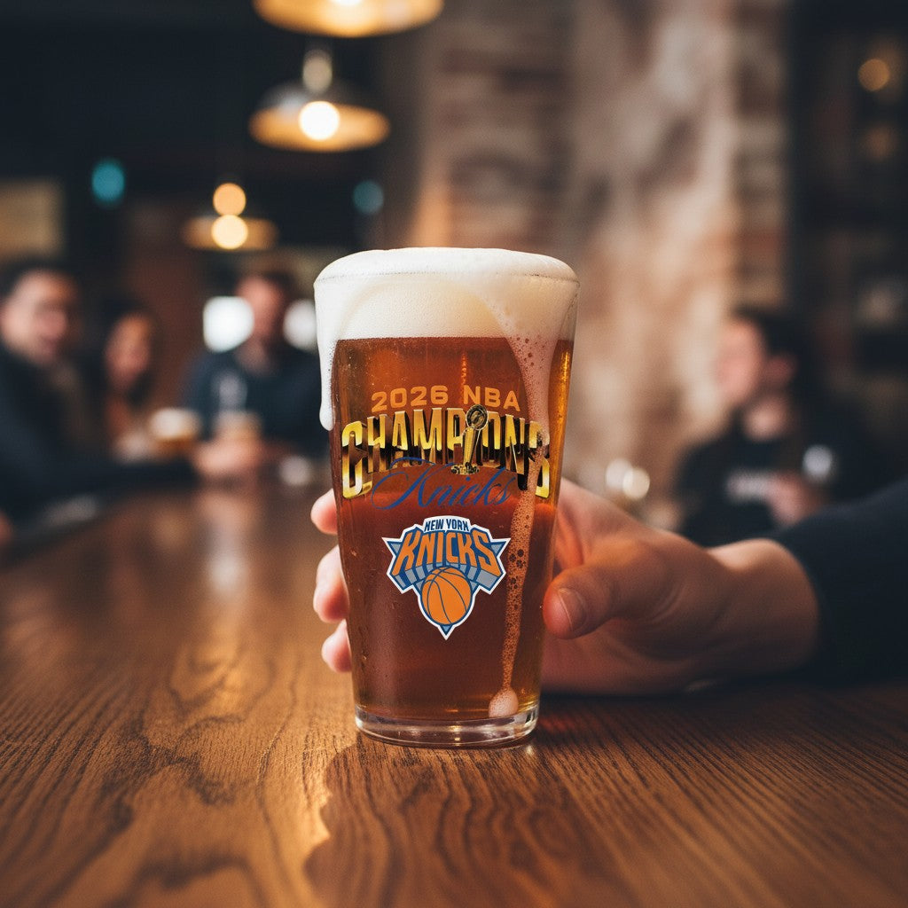 Mellow Monkey 16-oz NY Knicks 2026 NBA Champions pint glass held in a hand at a bar