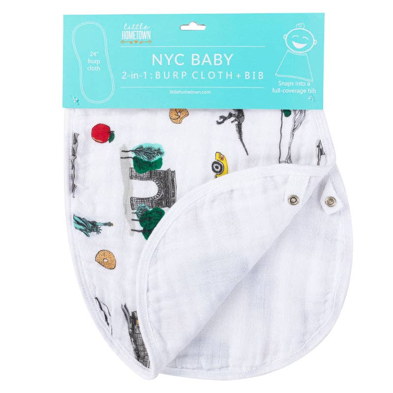 Mellow Monkey 2-in-1 NYC themed baby burp cloth and bib made from soft bamboo and organic cotton muslin