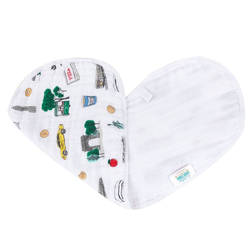 Mellow Monkey 2-in-1 baby burp cloth and bib featuring a white bamboo and cotton muslin NYC landmark print
