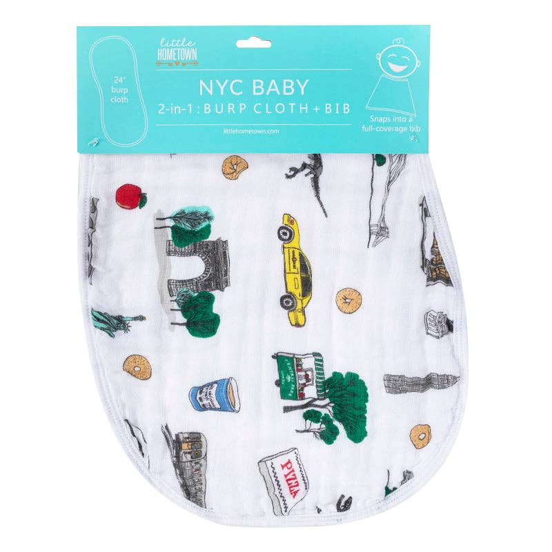 Mellow Monkey NYC themed 2-in-1 baby burp cloth and bib featuring iconic New York City illustrations on soft muslin