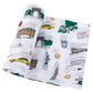 Mellow Monkey New York City themed muslin swaddle blanket in soft bamboo and organic cotton with colorful NYC icons.